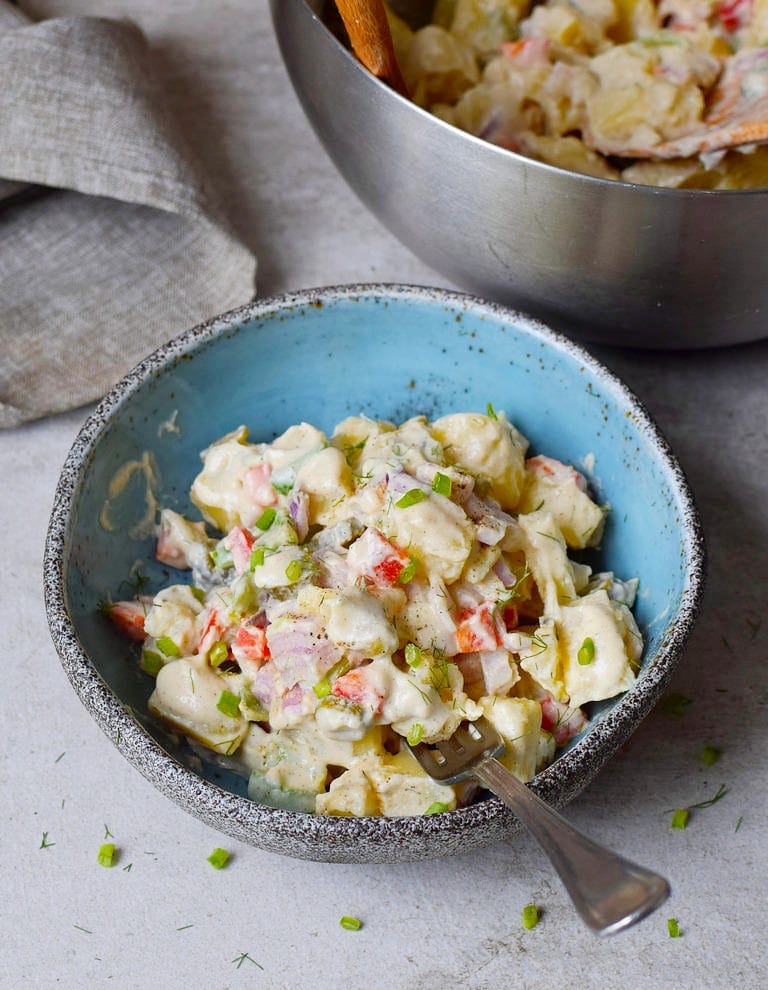 A bowl of vegan-friendly creamy potato salad