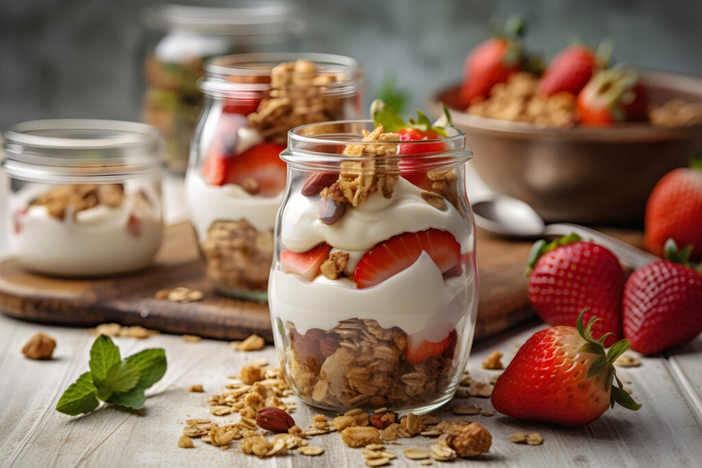 A glass full of strawberries, yogurt and breakfast cereal, which can be fortified with vegan B12