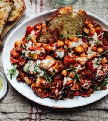 Vegan ratatouille made with extra chickpeas and a tahini dressing