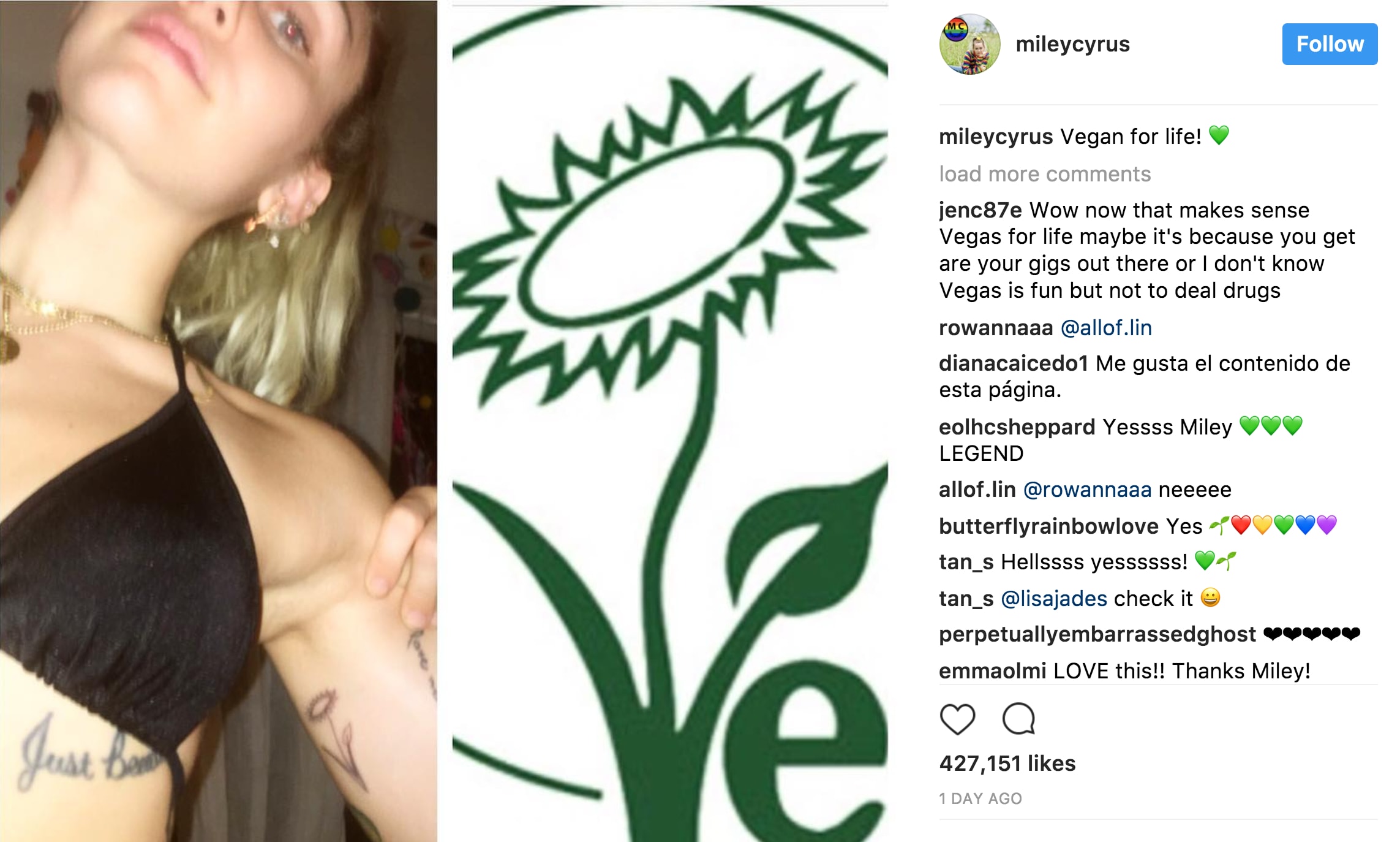 Vegan For Life' - Plant-Based Star Miley Cyrus Shows Off New Tattoo