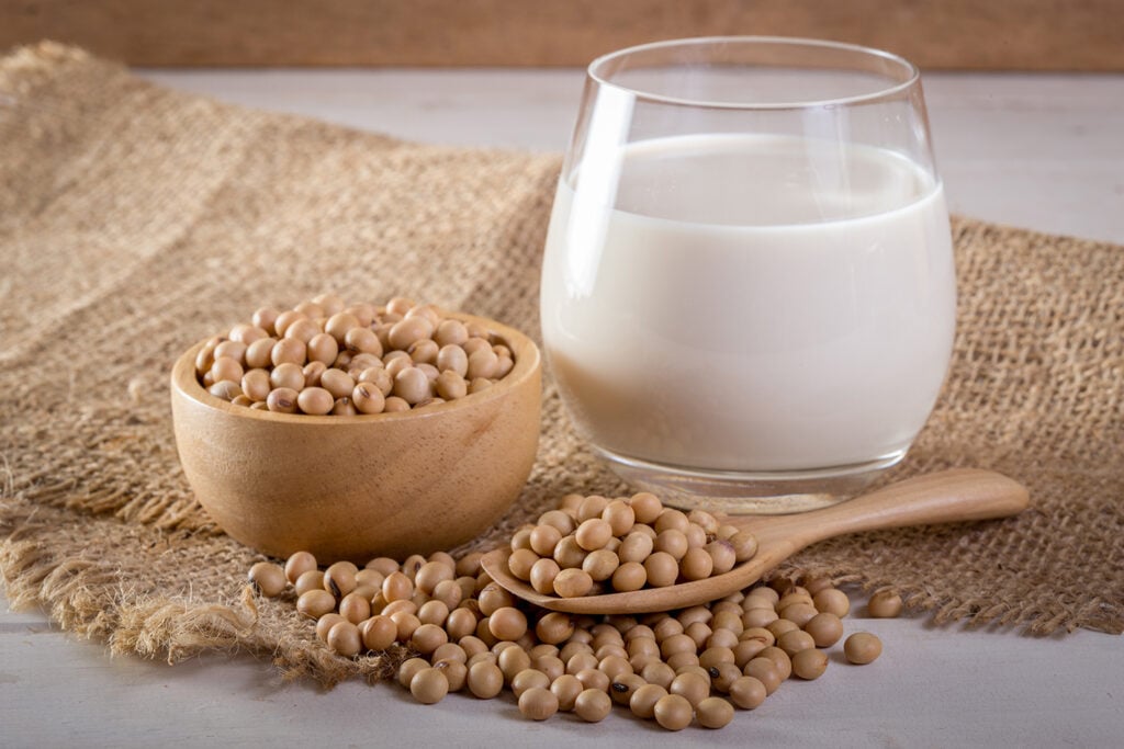 Glass of soy milk and soy beans