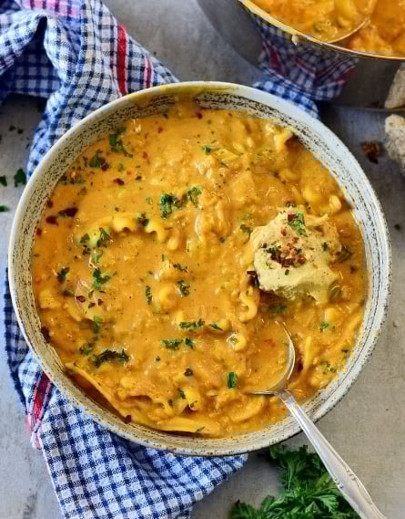A vegan pasta recipe - lasagna soup on a bowl