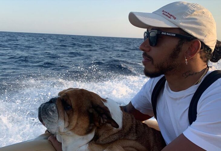 Lewis Hamilton with his vegan dog Roscoe
