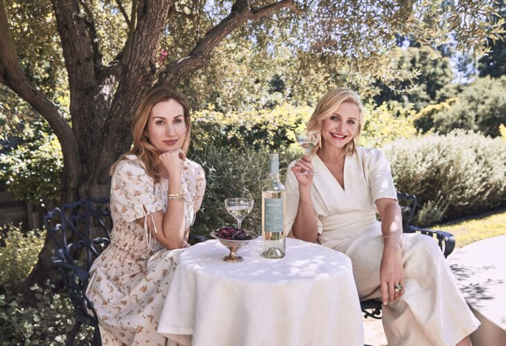Cameron Diaz and and Katherine Power drinking vegan wine