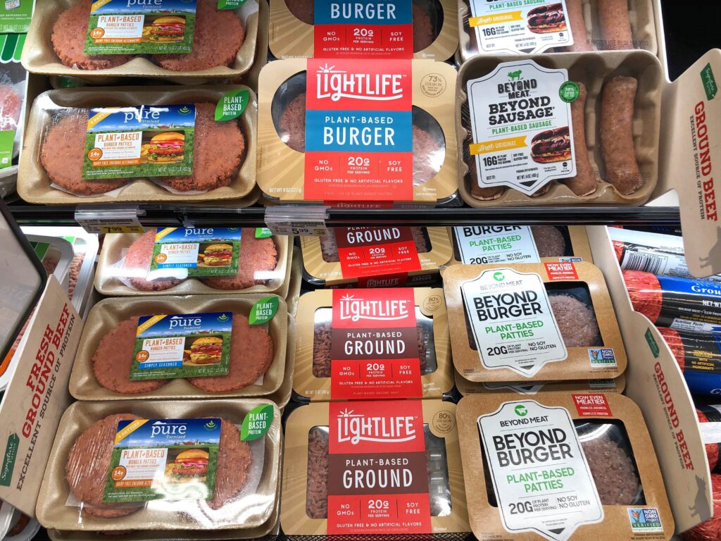 Plant-based meat products in a shop.
