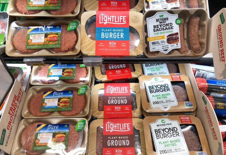 Plant-based meat products in a shop.