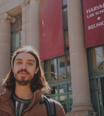 Earthling Ed outside Harvard University