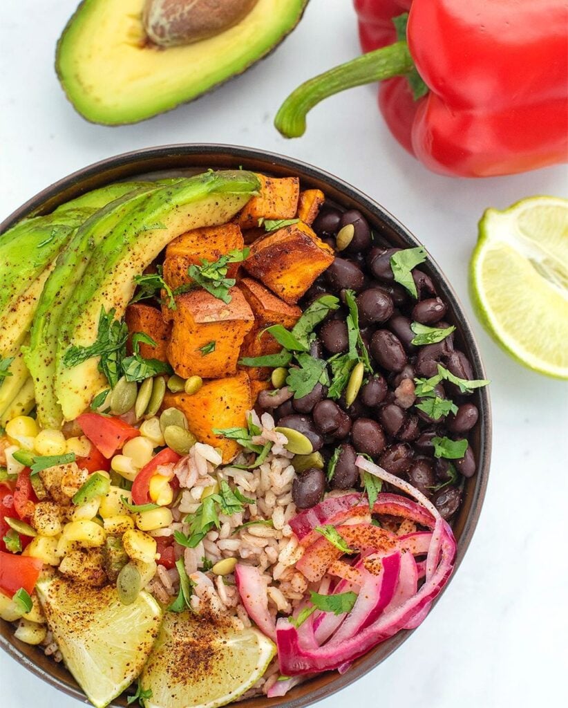 burrito bowl with crispy roasted sweet potatoes