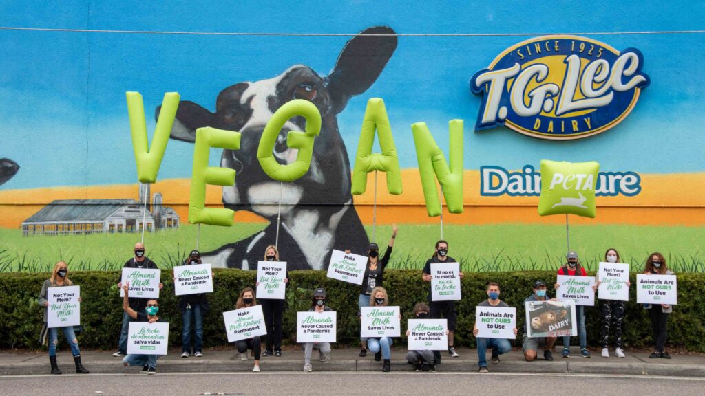 PETA supporters take to US dairy plant to encourage people to go vegan: rebranding the community the 'Almond Milk District'