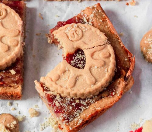 Freshly-made vegan blondies featuring chickpeas and Jammie Dodger biscuits