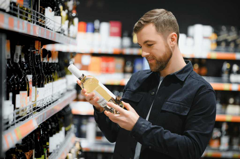 A person in an alcohol store shopping for vegan wines, reading the ingredients list