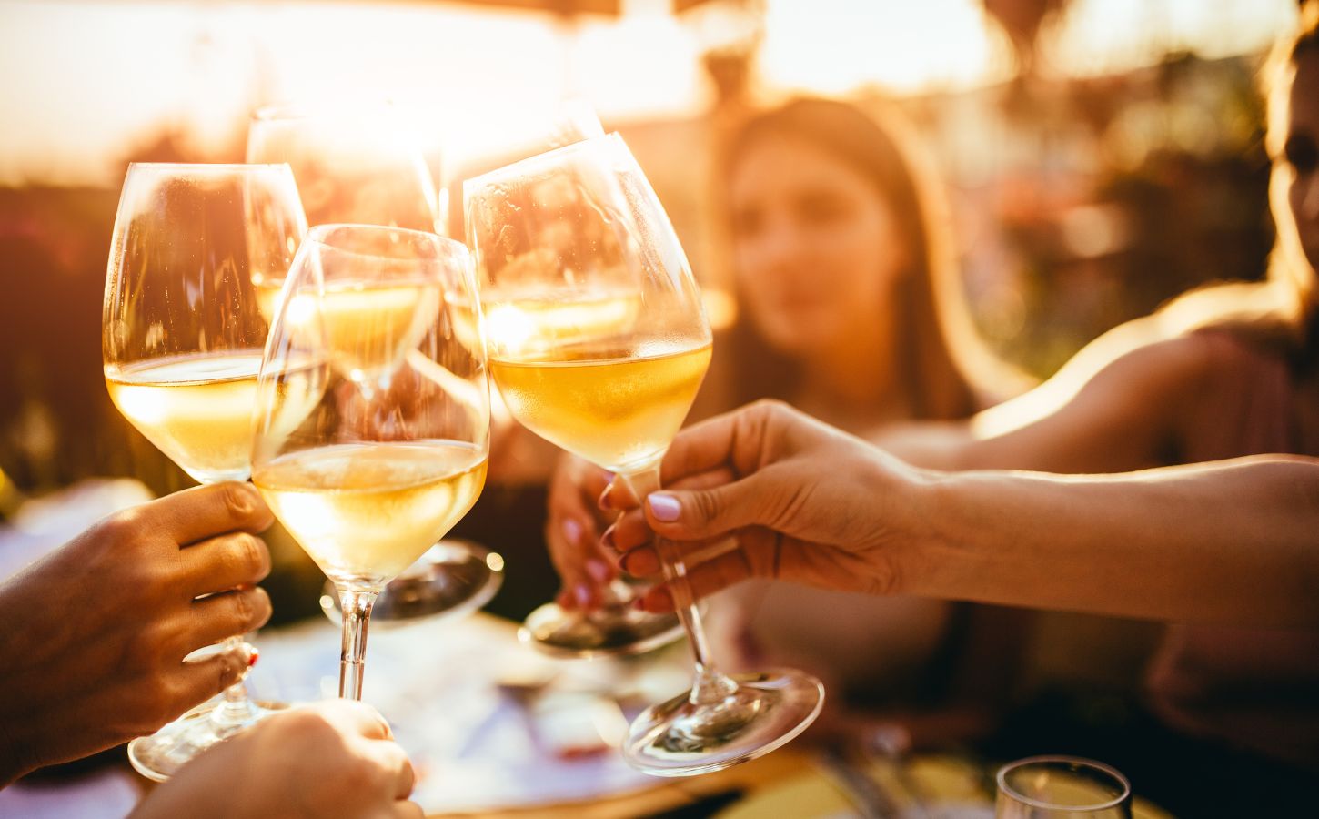 People cheers with glasses of vegan wine outside in the sunlight