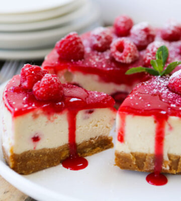 Vegan White Chocolate and Raspberry Baked Cheesecake