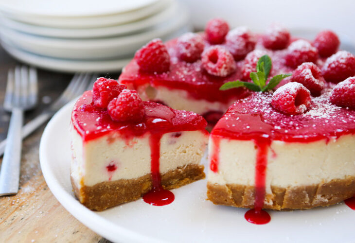 Vegan White Chocolate and Raspberry Baked Cheesecake