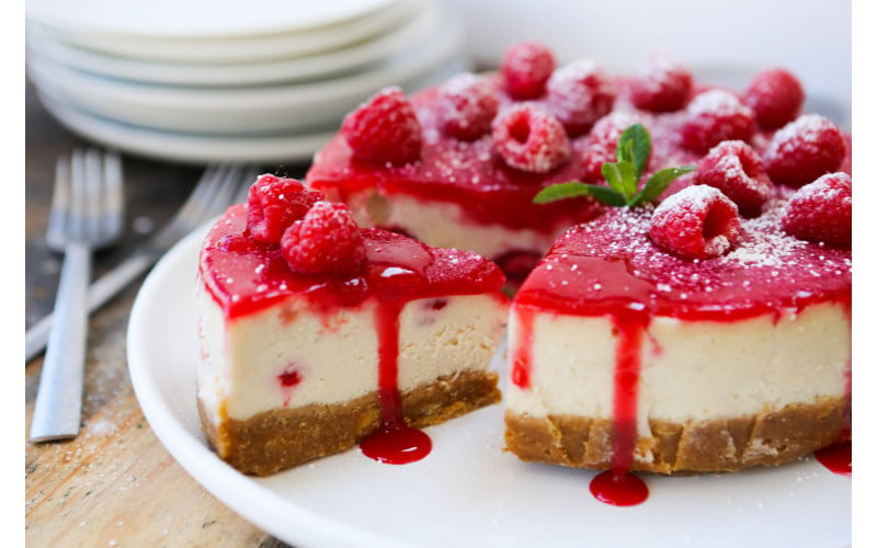 Vegan White Chocolate and Raspberry Baked Cheesecake