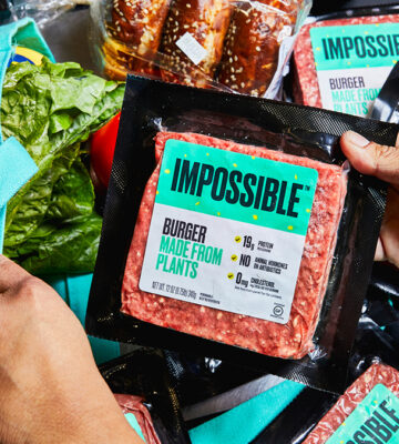 Impossible beef burger, made with vegan ingredients by plant-based meat brand Impossible Foods