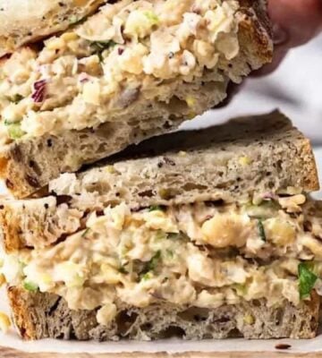 Vegan chickpea tuna mayo filling in a wholegrain sandwich