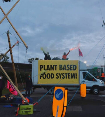 Animal Rebellion protestors shut down all four of McDonald's distribution centers in the UK today, urging the chain to go 100% plant-based by 2025