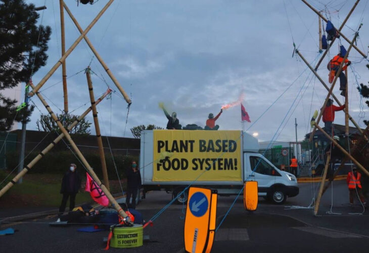 Animal Rebellion protestors shut down all four of McDonald's distribution centers in the UK today, urging the chain to go 100% plant-based by 2025