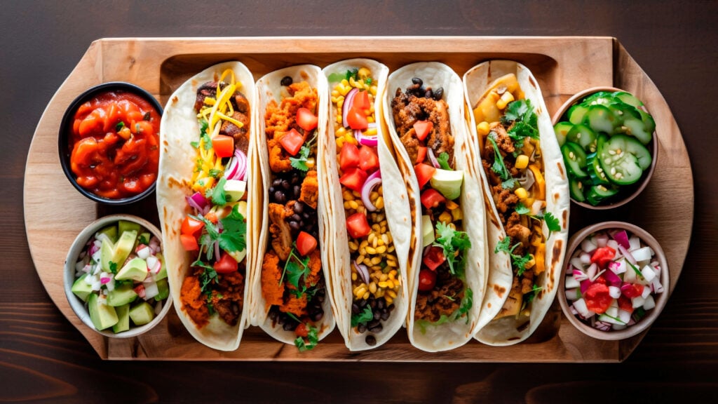 A line of vegan tacos filled with nutritious plant-based ingredients