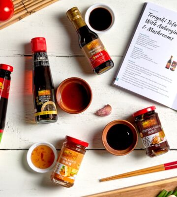 A range of Lee Kum Kee vegetarian products arranged on a work surface