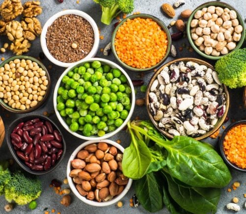 A selection of plant-based protein sources and high-protein foods