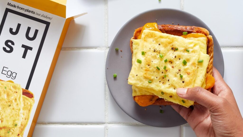 Vegan toaster eggs made by Just Eat on a sandwich