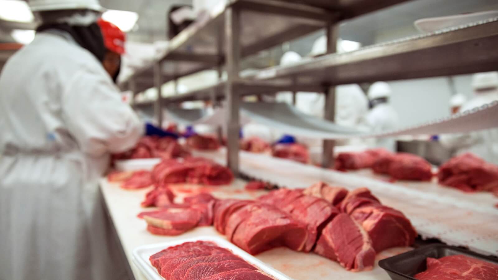 Meatpacking employees working on animal meat in a factory