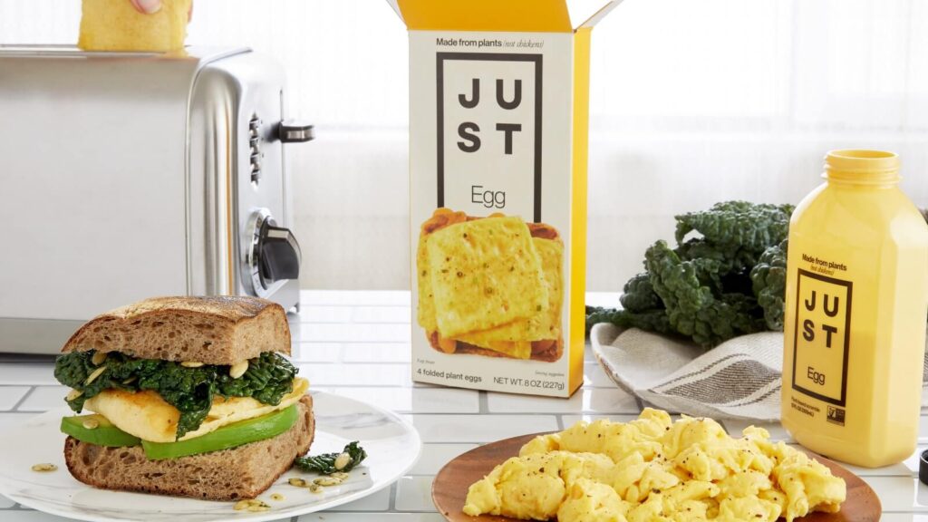 Vegan toaster eggs made by Just Eat on a sandwich