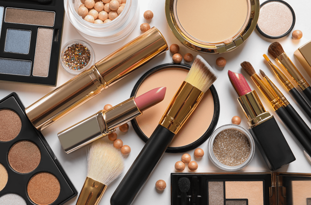 various cosmetics and makeup products on a table