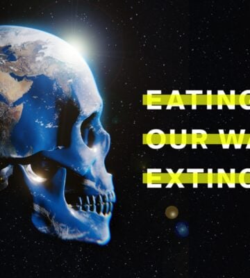 Text reading "Eating Our Way to Extinction" beside a skull with the Earth inside it