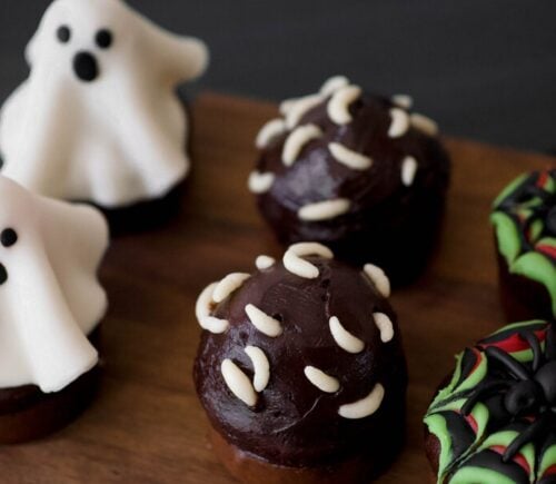 ghost, worm, and spider cupcakes