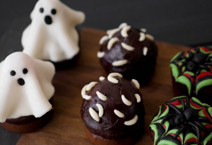 ghost, worm, and spider cupcakes