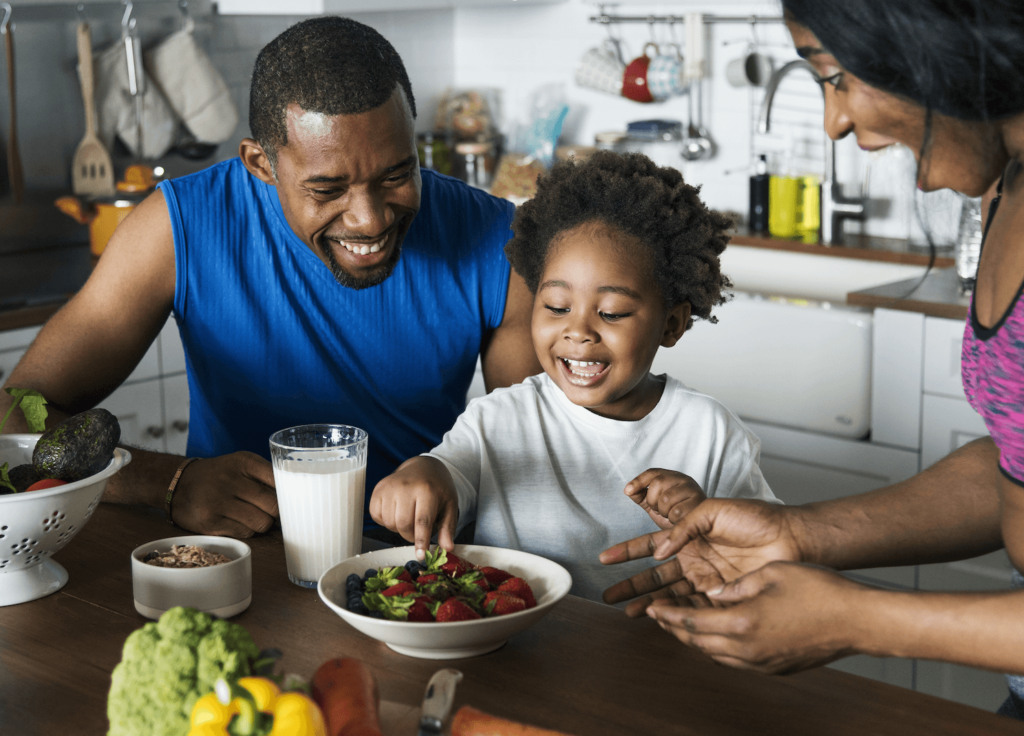 family eating healthy food together