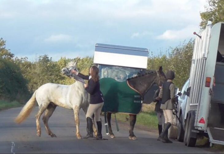 Hunt rider hitting horse on road