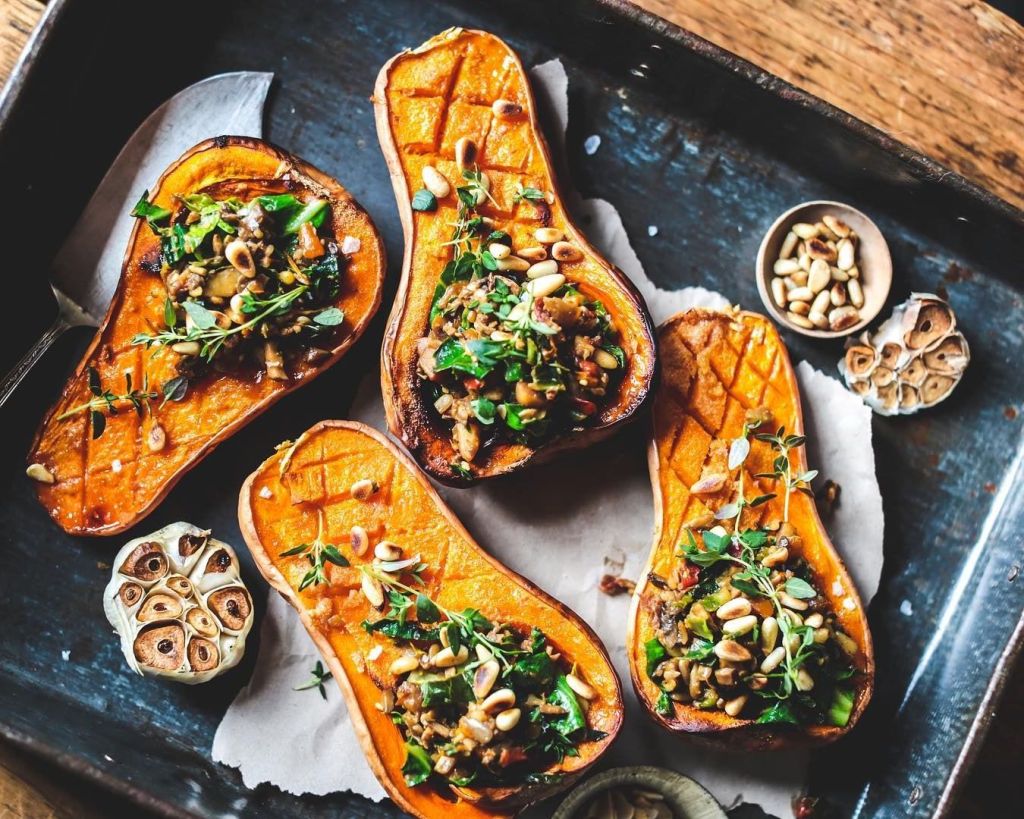 vegan baked butternut squash with mushroom filling recipe