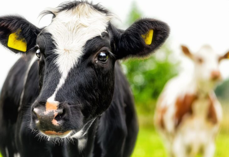 Two cows with tags on their ears outside on a farm