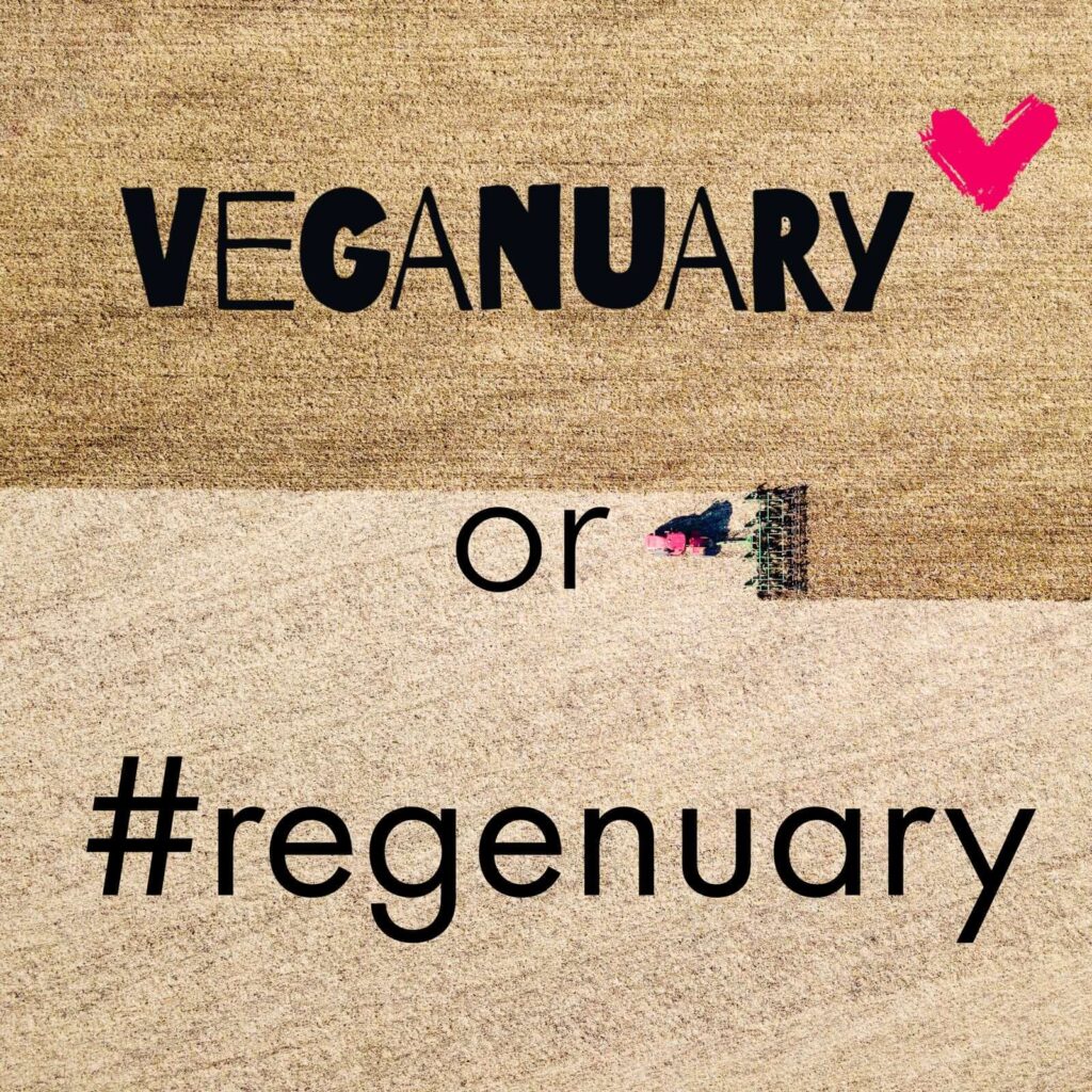 Farm land with the text Veganuary or Regenuary across it