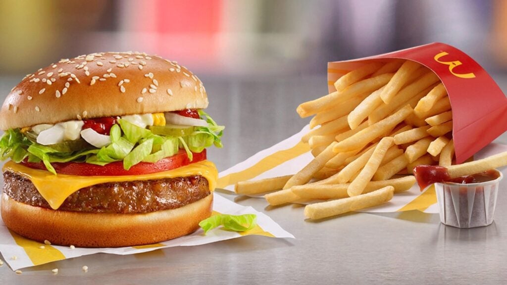A vegan McPlant next to some McDonald's fries