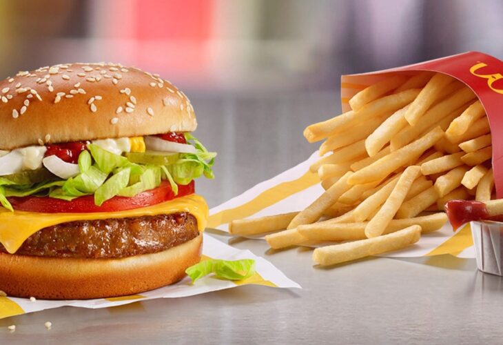 A vegan McPlant next to some McDonald's fries