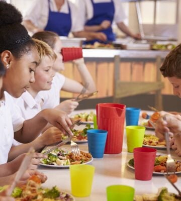 Primary school kids eating meals in school cafeteria