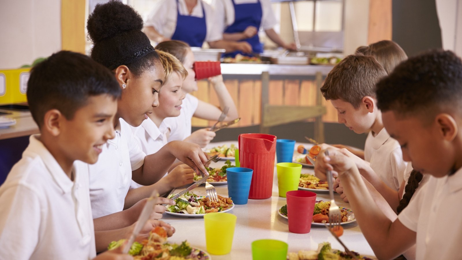 Primary school kids eating meals in school cafeteria