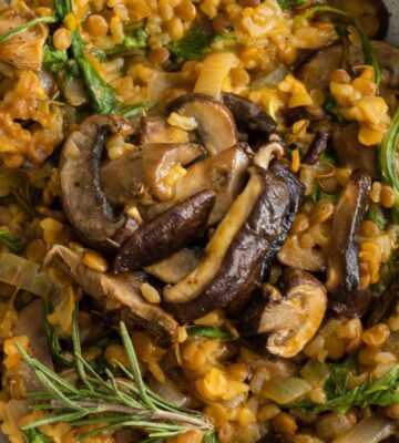 vegan mushroom lentil risotto in a bowl