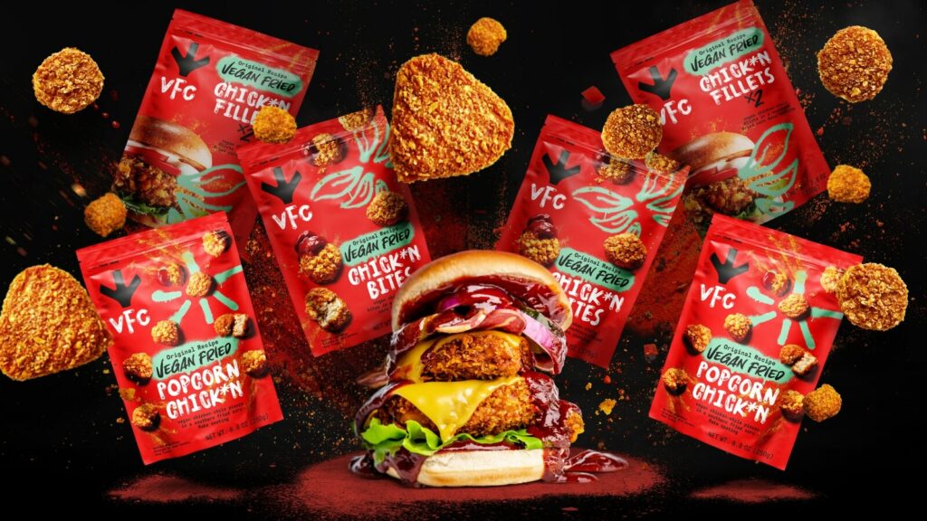 VFC product range featured around a vegan burger containing VFC chick*n fillet