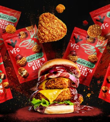 VFC product range featured around a vegan burger containing VFC chick*n fillet