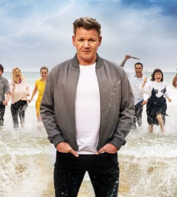 chef gordan ramsay on a beach with future food star contestants running towards him