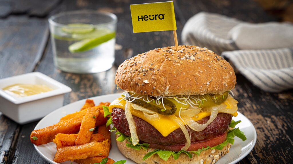 A vegan Heura burger on a plate