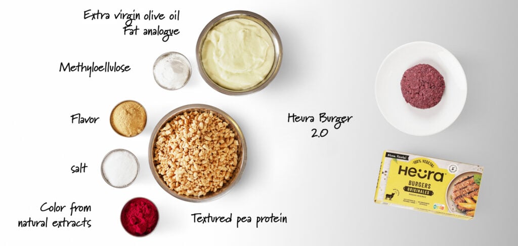 The ingredients of a Heura burger laid out on a white background