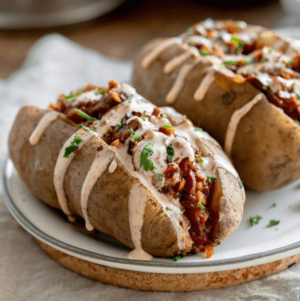 Two baked potatoes filled with smoky vegan barbecue lentils and topped with dairy-free and egg-free sriracha mayo