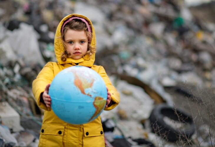 A little girl holds a globe in front of a landfill